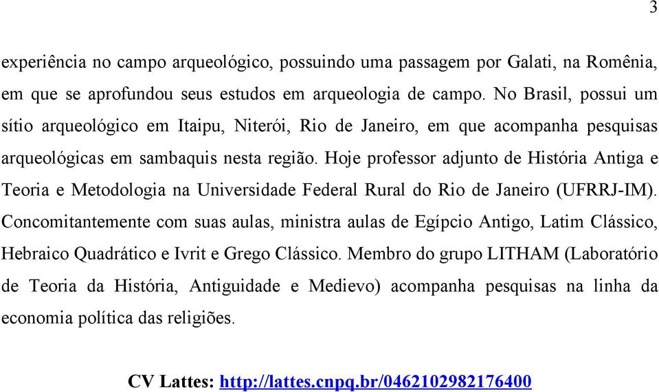 Hoje professor adjunto de História Antiga e Teoria e Metodologia na Universidade Federal Rural do Rio de Janeiro (UFRRJ-IM).