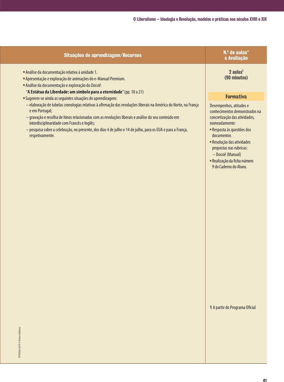 18 a 21) Sugerem-se ainda as seguintes situações de aprendizagem: elaboração de tabelas cronologias relativas à afirmação das revoluções liberais na América do Norte, na França e em Portugal;