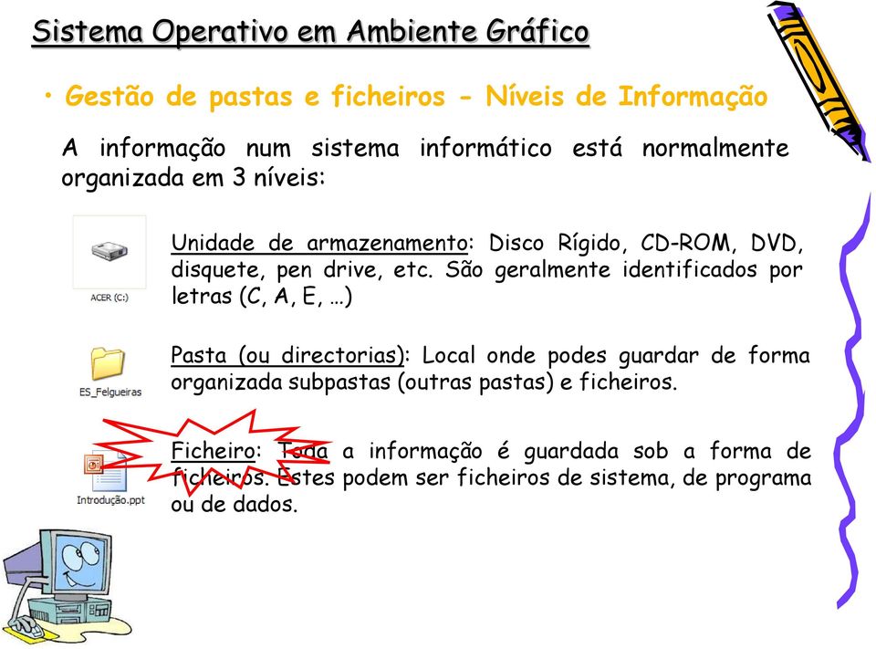 São geralmente identificados por letras (C, A, E, ) Pasta (ou directorias): Local onde podes guardar de forma organizada