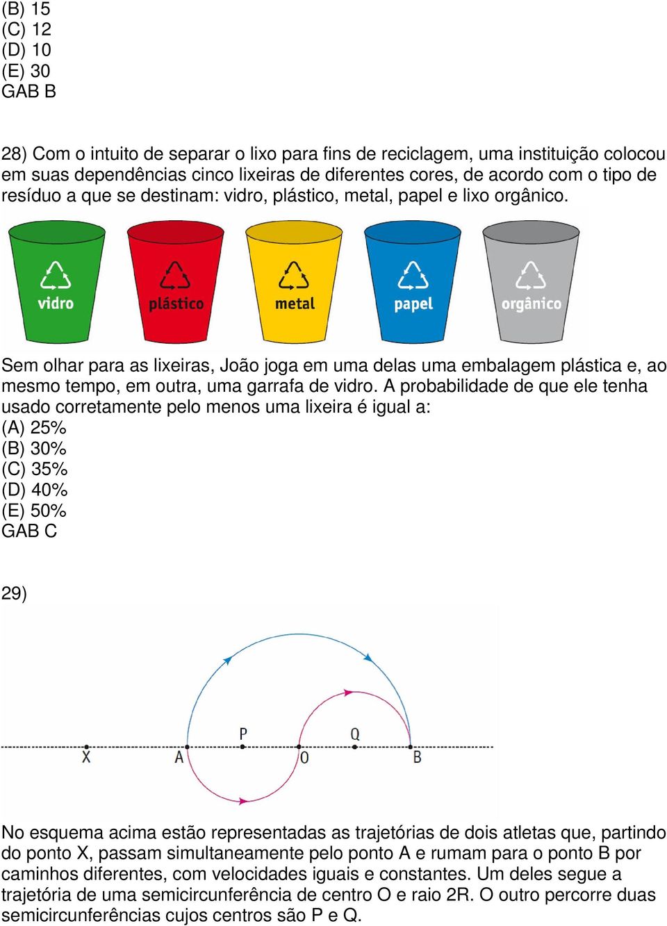 A probabilidade de que ele tenha usado corretamente pelo menos uma lixeira é igual a: (A) 25% (B) 30% (C) 35% (D) 40% (E) 50% 29) No esquema acima estão representadas as trajetórias de dois atletas