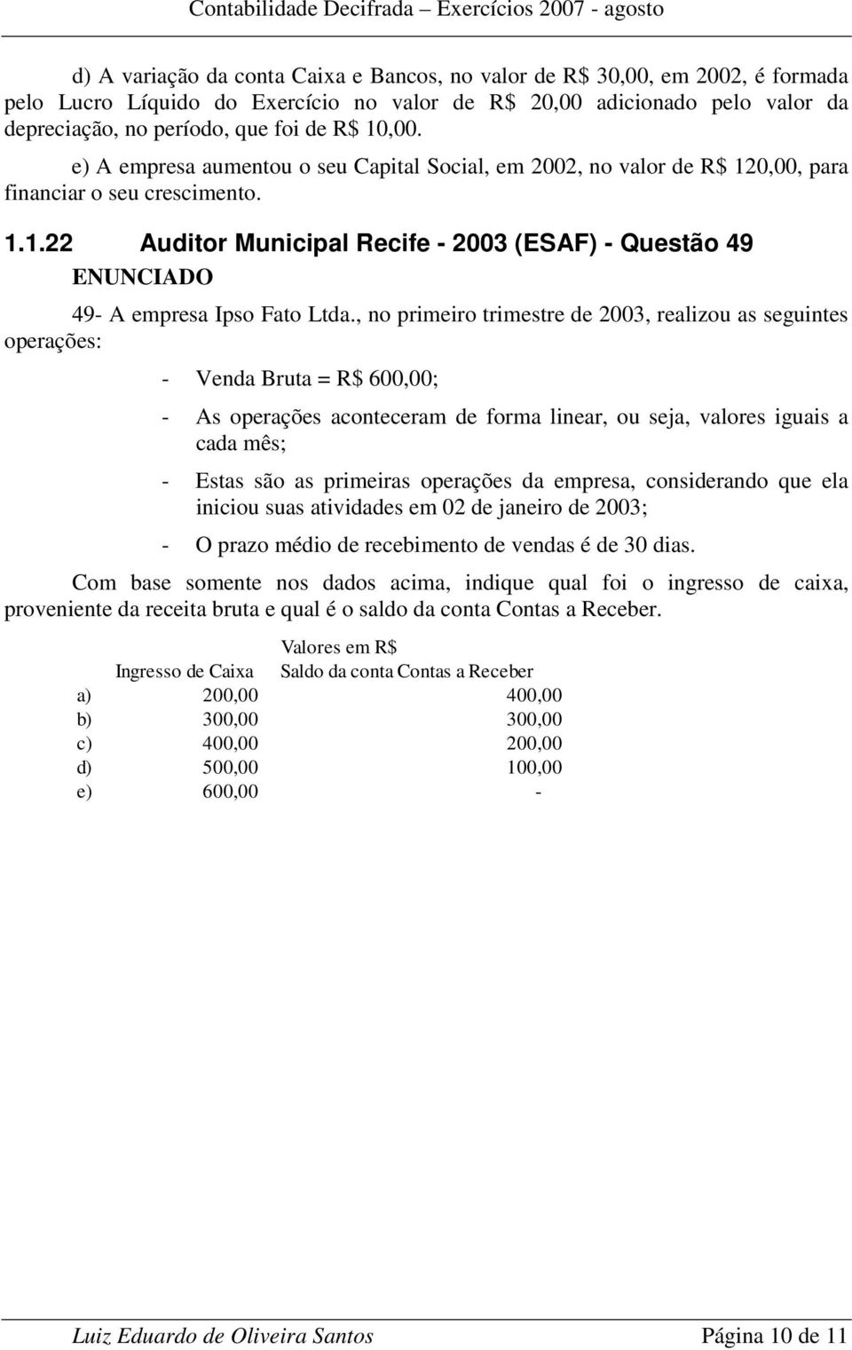 , no primeiro trimestre de 2003, realizou as seguintes operações: - Venda Bruta = R$ 600,00; - As operações aconteceram de forma linear, ou seja, valores iguais a cada mês; - Estas são as primeiras