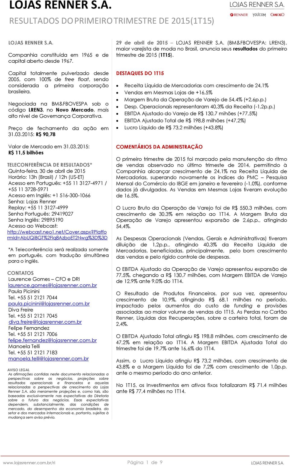 2015: R$ 90,78 Valor de Mercado em 31.03.