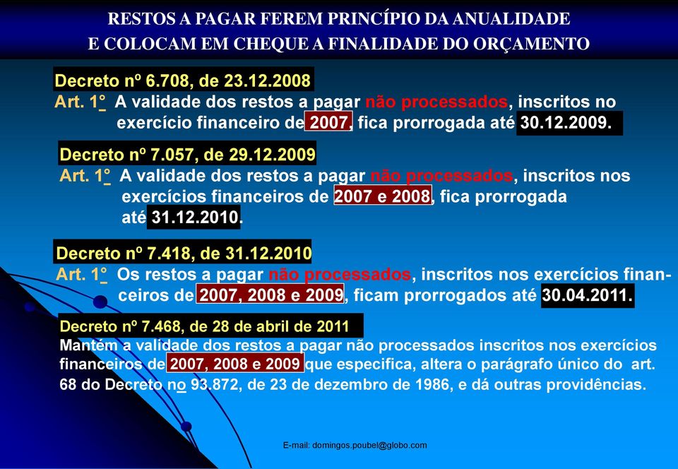 1 A validade dos restos a pagar não processados, inscritos nos exercícios financeiros de 2007 e 2008, fica prorrogada até 31.12.2010. Decreto nº 7.418, de 31.12.2010 Art.