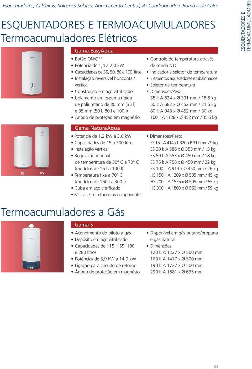 80 l e 100 l) Ânodo de proteção em magnésio Controlo de temperatura através de sonda NTC Indicador e seletor de temperatura Elementos aquecedores embainhados Seletor de temperatura Dimensões/Peso: 35