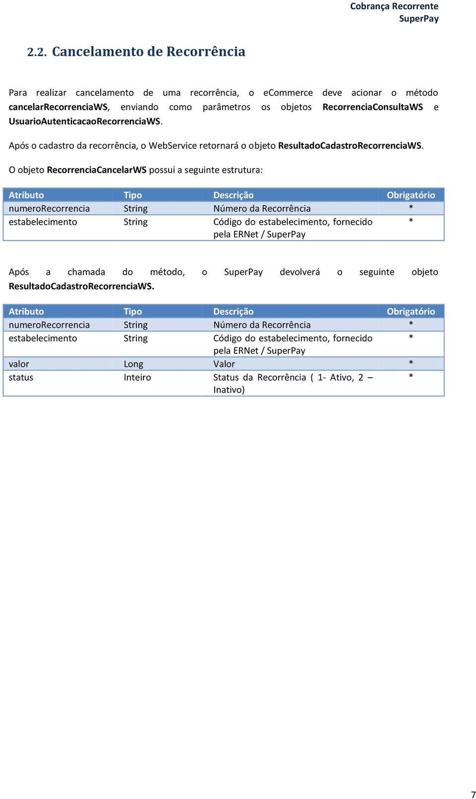 O objeto RecorrenciaCancelarWS possui a seguinte estrutura: numerorecorrencia String Número da Recorrência * estabelecimento String Código do estabelecimento, fornecido pela ERNet / * Após a chamada