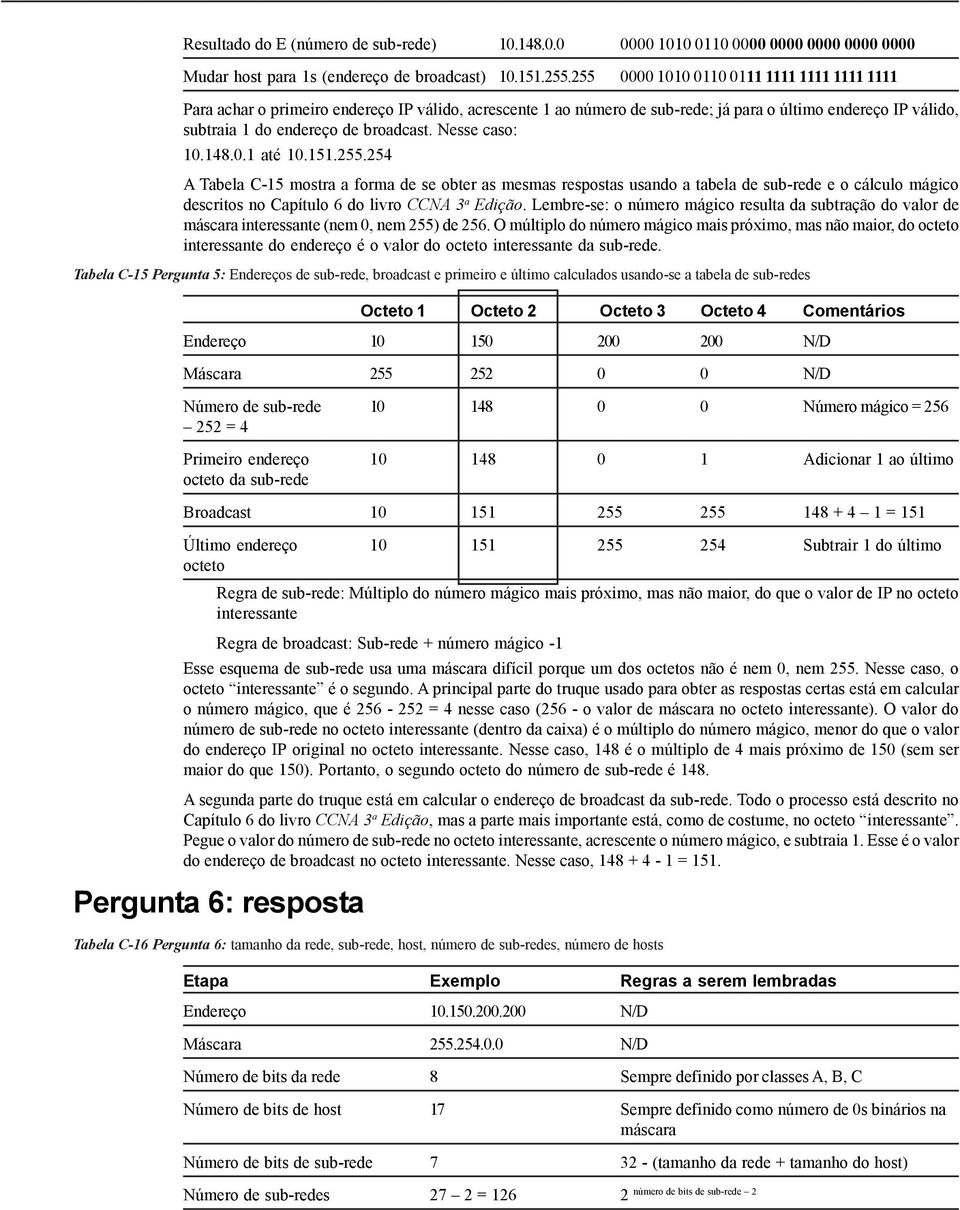 Pergunta 5: Endereços de sub-rede, broadcast e primeiro e último calculados usando-se a tabela de sub-redes Comentários Endereço 10 150 200 200 N/D Máscara 255 252 0 0 N/D Número de sub-rede 10 148 0