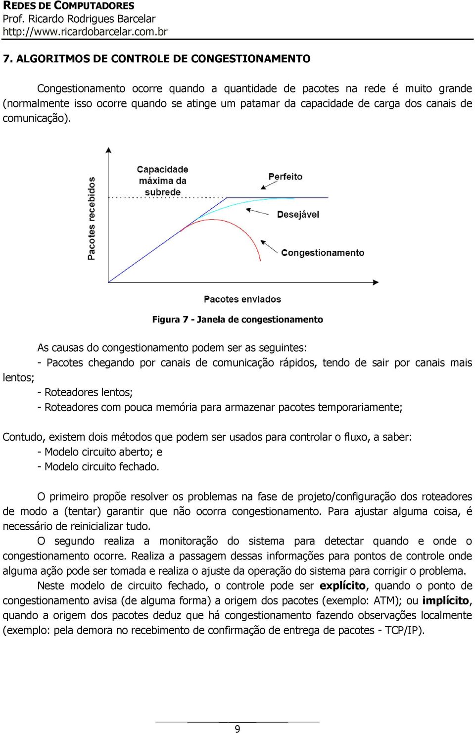 Figura 7 - Janela de congestionamento As causas do congestionamento podem ser as seguintes: - Pacotes chegando por canais de comunicação rápidos, tendo de sair por canais mais lentos; - Roteadores