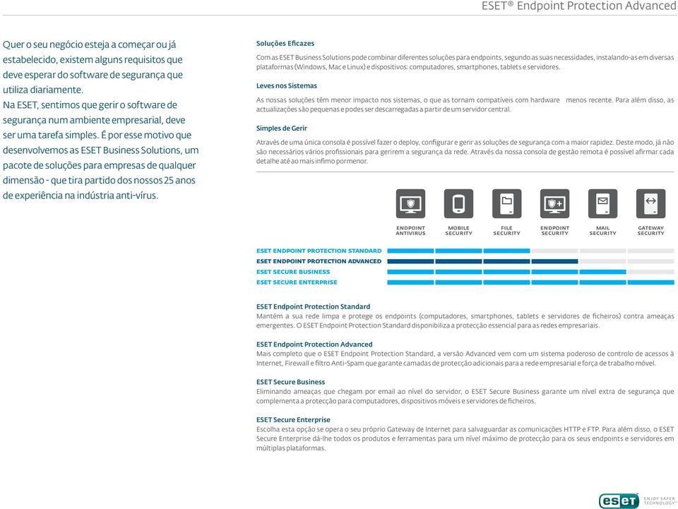 É por esse motivo que desenvolvemos as ESET Business Solutions, um pacote de soluções para empresas de qualquer dimensão - que tira partido dos nossos 25 anos de experiência na indústria anti-vírus.