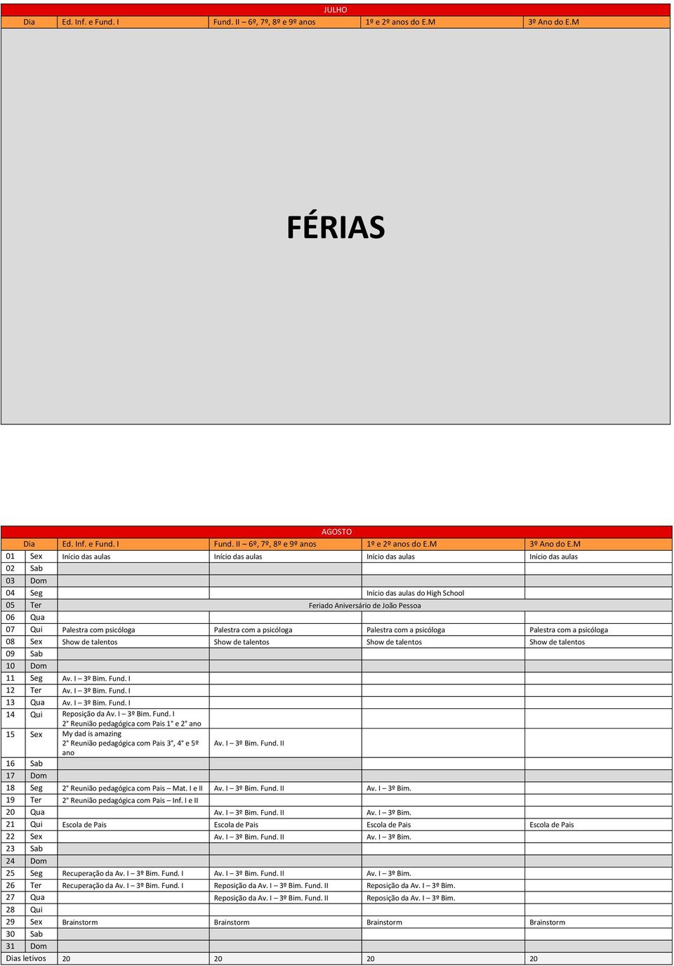 Av. I 3º Bim. Fund. I 12 Ter Av. I 3º Bim. Fund. I 13 Qua Av. I 3º Bim. Fund. I 14 Qui Reposição da Av. I 3º Bim. Fund. I 2 Reunião pedagógica com Pais 1 e 2 ano 15 Sex My dad is amazing 2 Reunião pedagógica com Pais 3, 4 e 5º Av.
