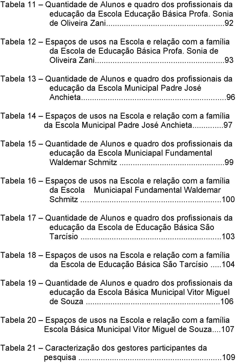 ..93 Tabela 13 Quantidade de Alunos e quadro dos profissionais da educação da Escola Municipal Padre José Anchieta.