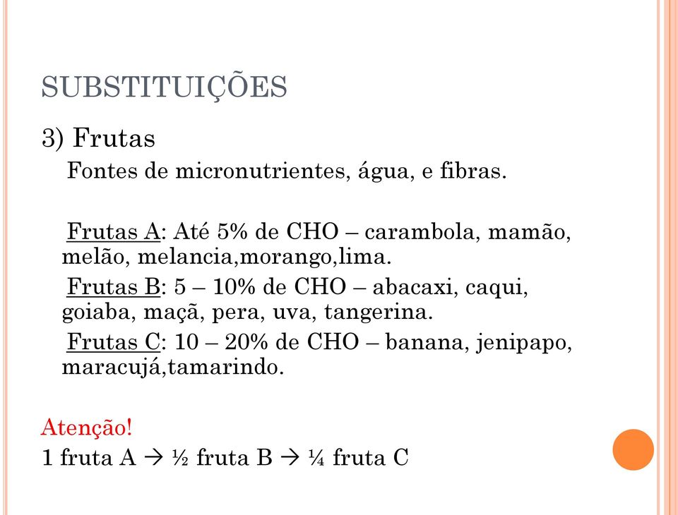 Frutas B: 5 10% de CHO abacaxi, caqui, goiaba, maçã, pera, uva, tangerina.