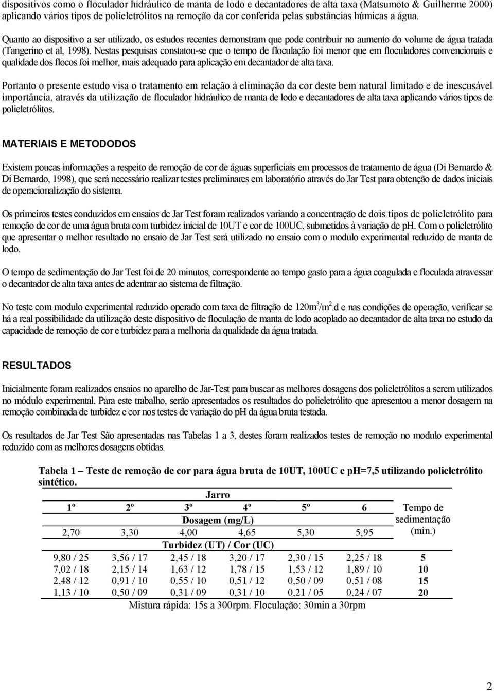 Nestas pesquisas constatou-se que o tempo de floculação foi menor que em floculadores convencionais e qualidade dos flocos foi melhor, mais adequado para aplicação em decantador de alta taxa.