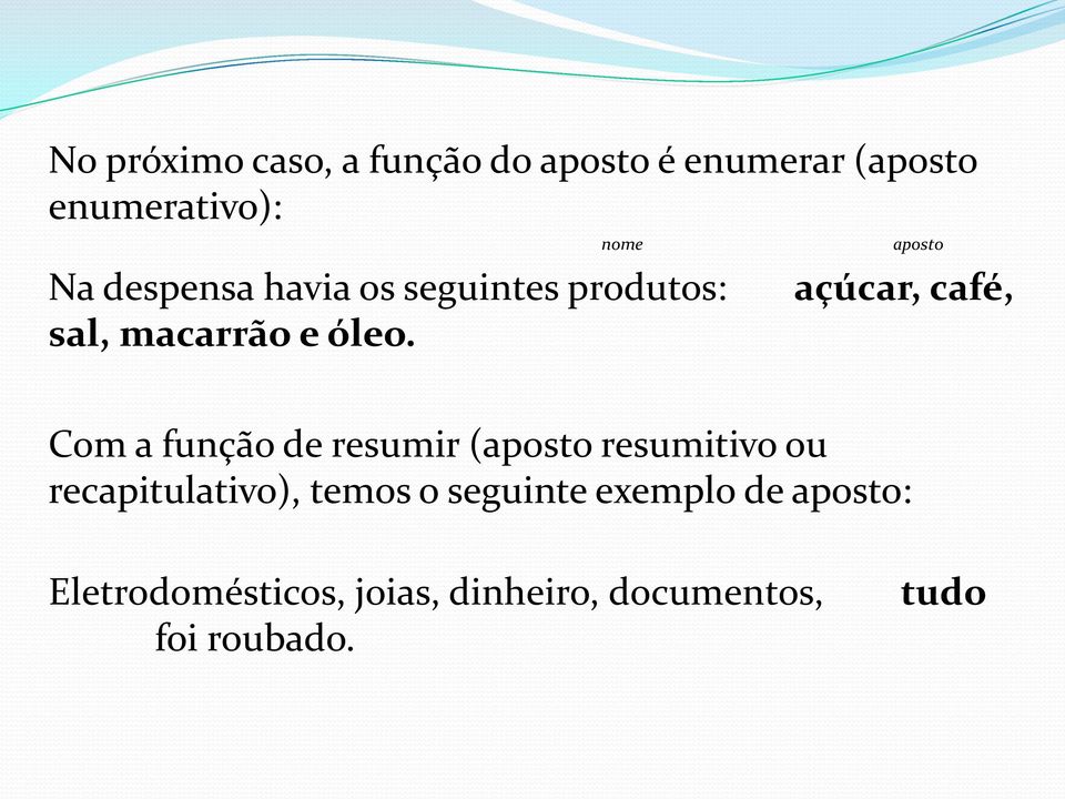 aposto açúcar, café, Com a função de resumir (aposto resumitivo ou