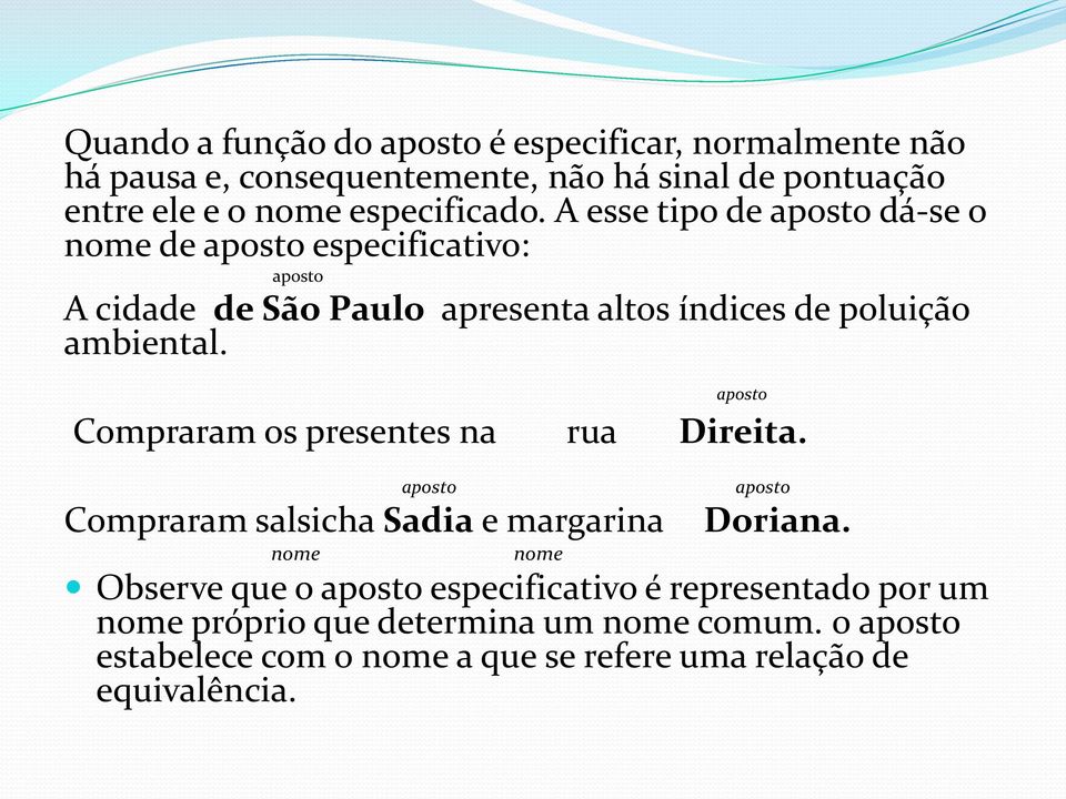 A esse tipo de aposto dá-se o nome de aposto especificativo: aposto A cidade de São Paulo apresenta altos índices de poluição ambiental.