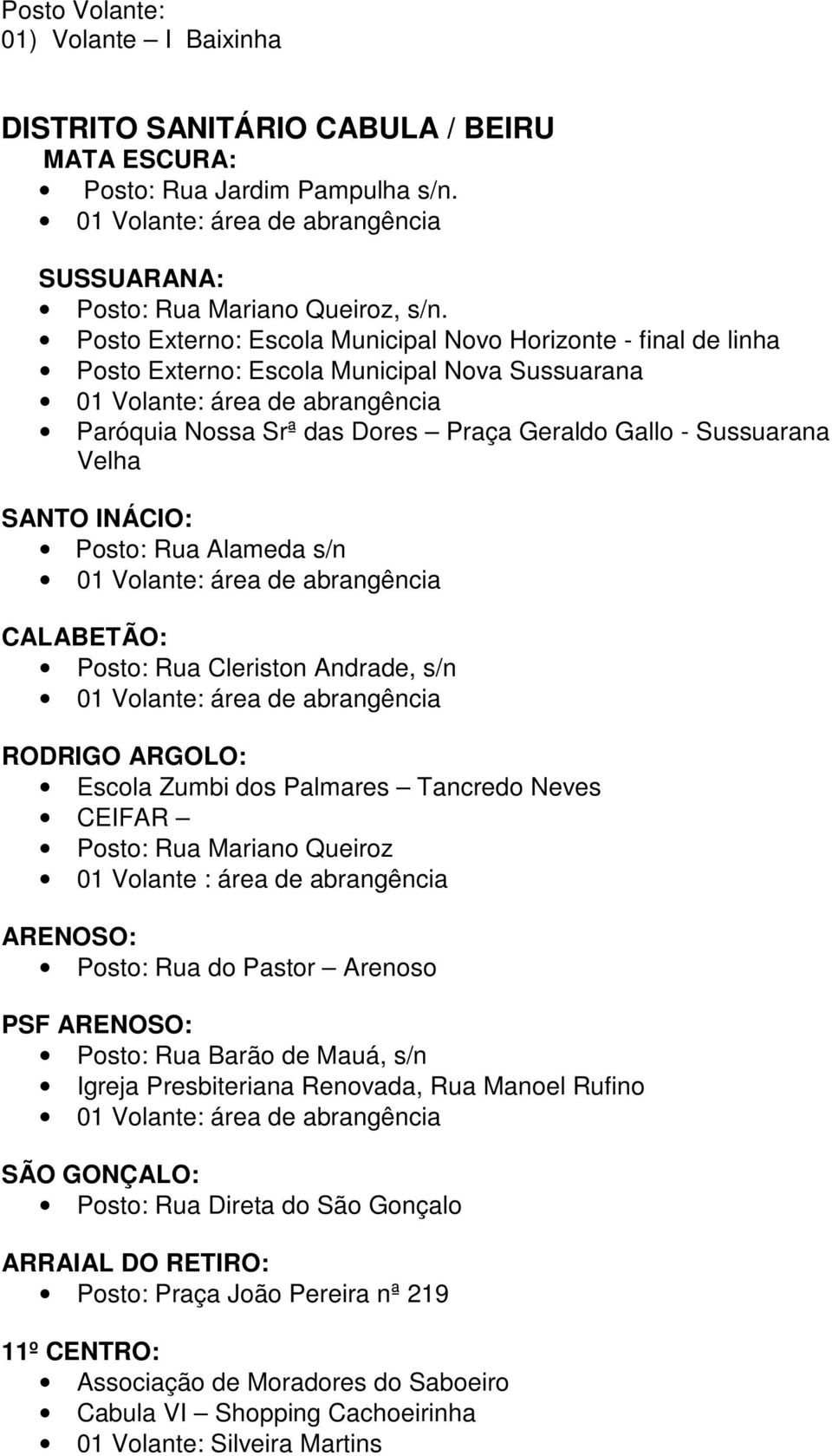 Posto: Rua Alameda s/n CALABETÃO: Posto: Rua Cleriston Andrade, s/n RODRIGO ARGOLO: Escola Zumbi dos Palmares Tancredo Neves CEIFAR Posto: Rua Mariano Queiroz 01 Volante : área de abrangência