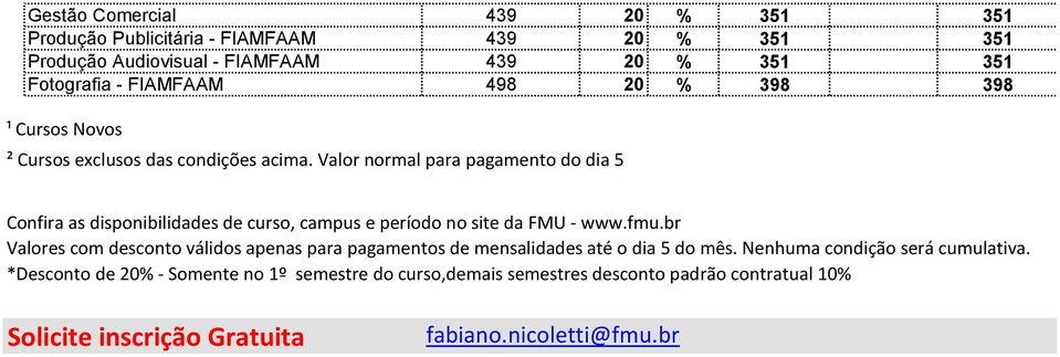 Valor normal para pagamento do dia 5 Confira as disponibilidades de curso, campus e período no site da FMU - www.fmu.