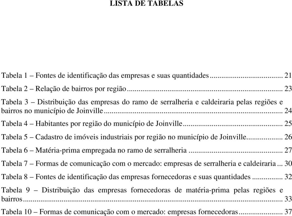 .. 25 Tabela 5 Cadastro de imóveis industriais por região no município de Joinville... 26 Tabela 6 Matéria-prima empregada no ramo de serralheria.