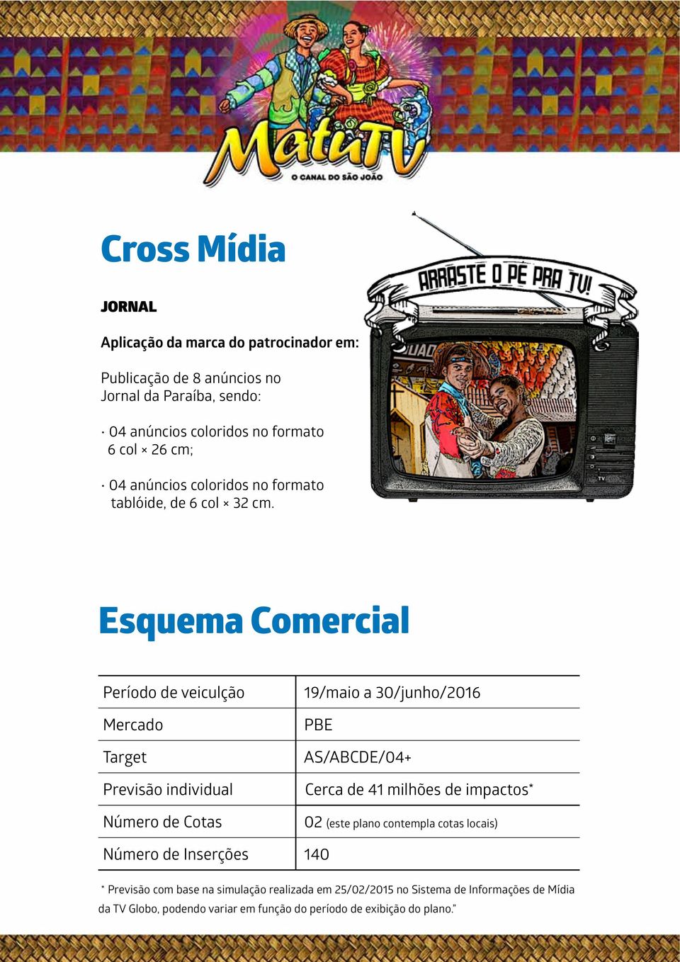 Esquema Comercial Período de veiculção 19/maio a 30/junho/2016 Mercado PBE Target AS/ABCDE/04+ Previsão individual Cerca de 41 milhões de impactos*