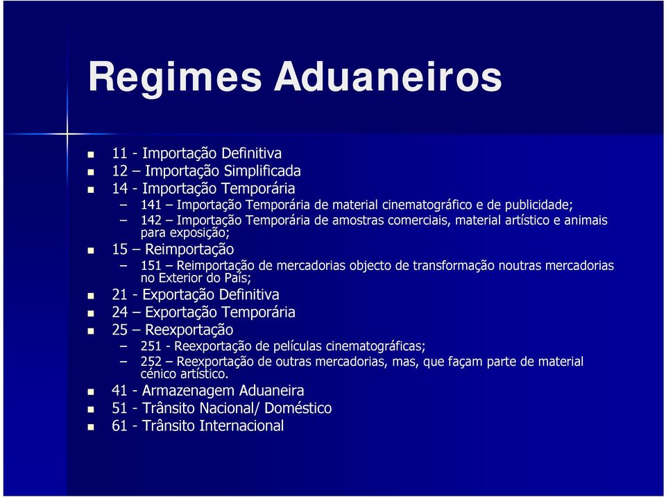 transformação noutras mercadorias no Exterior do País; 21 - Exportação Definitiva 24 Exportação Temporária 25 Reexportação 251 - Reexportação de películas