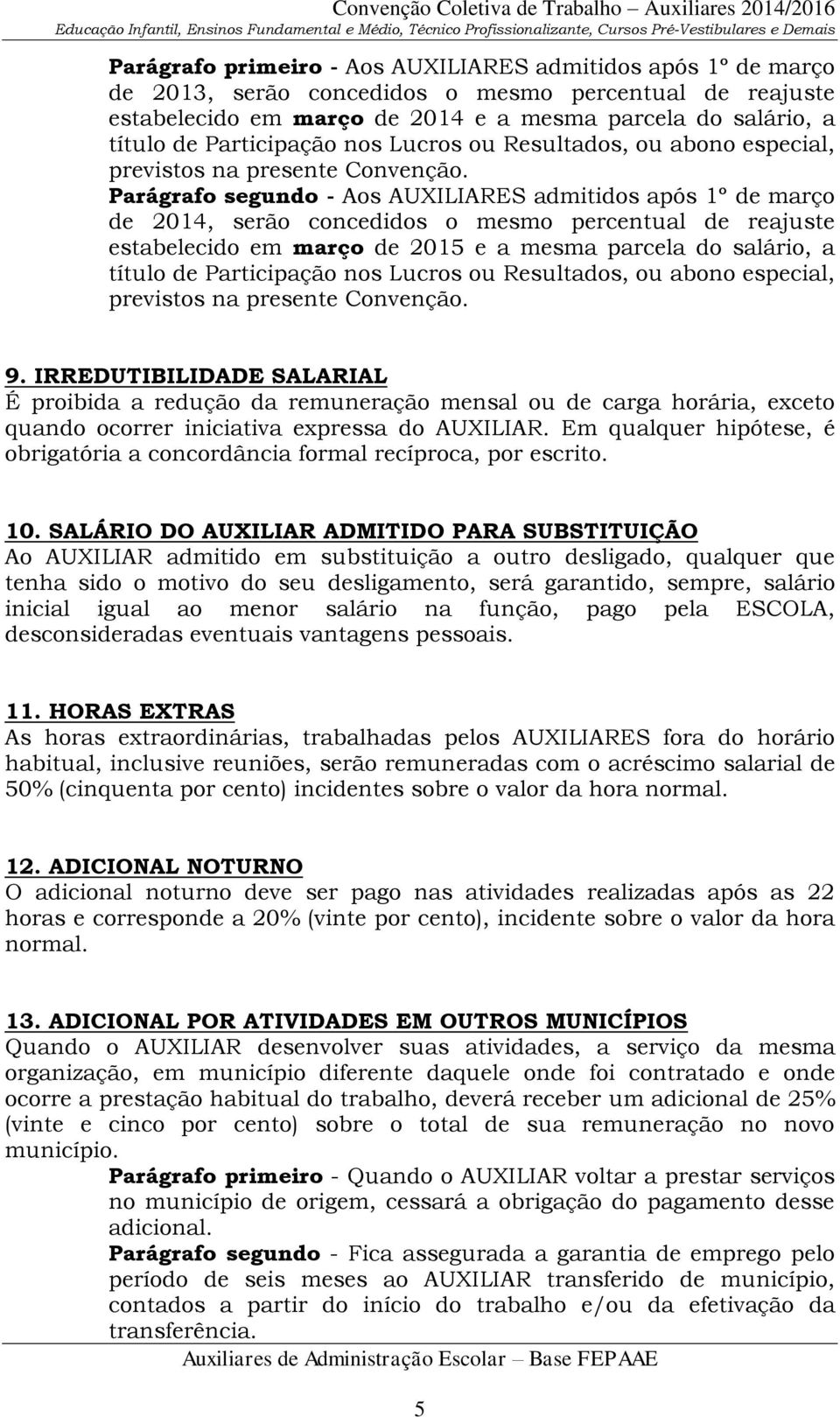 Parágrafo segundo - Aos AUXILIARES admitidos após 1º de março de 2014, serão concedidos o mesmo percentual de reajuste estabelecido em março de 2015 e a mesma parcela do salário, a título de  9.