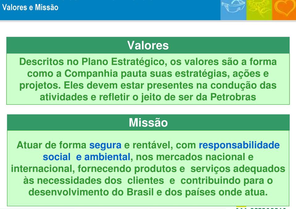 Eles devem estar presentes na condução das atividades e refletir o jeito de ser da Petrobras Missão Atuar de forma segura e