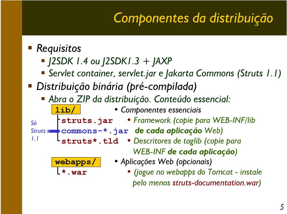 Conteúdo essencial: lib/ Componentes essenciais struts.jar Framework (copie para WEB-INF/lib commons-*.