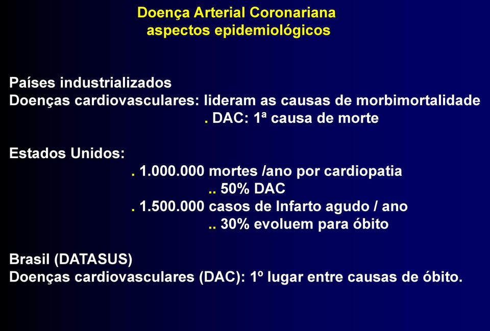 DAC: 1ª causa de morte Estados Unidos:. 1.000.000 mortes /ano por cardiopatia.. 50% DAC. 1.500.