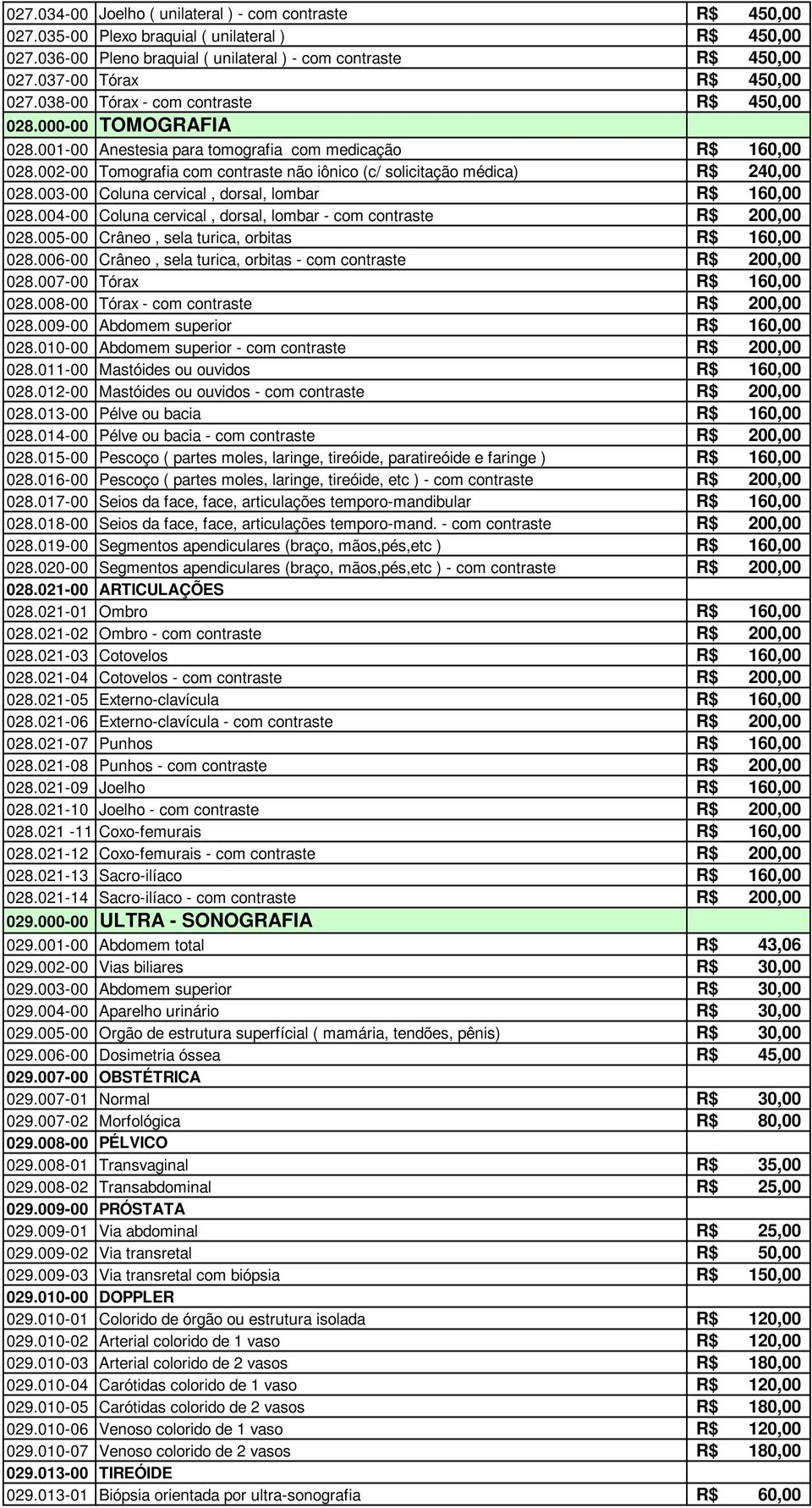 002-00 Tomografia com contraste não iônico (c/ solicitação médica) R$ 240,00 028.003-00 Coluna cervical, dorsal, lombar R$ 160,00 028.