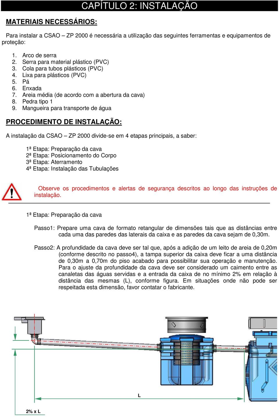 Mangueira para transporte de água PROCEDIMENTO DE INSTALAÇÃO: A instalação da CSAO ZP 2000 divide-se em 4 etapas principais, a saber: 1ª Etapa: Preparação da cava 2ª Etapa: Posicionamento do Corpo 3ª