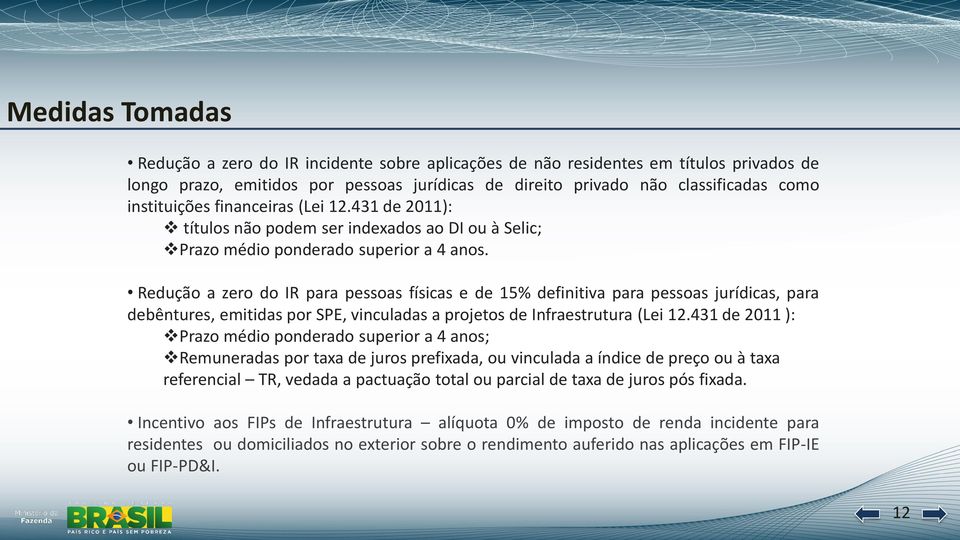 Redução a zero do IR para pessoas físicas e de 15% definitiva para pessoas jurídicas, para debêntures, emitidas por SPE, vinculadas a projetos de Infraestrutura (Lei 12.