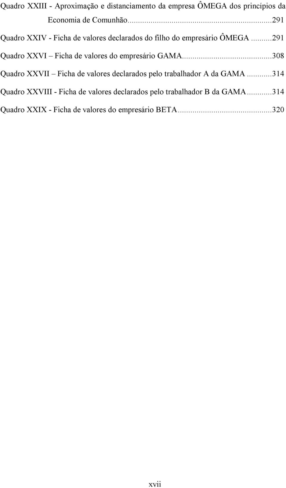 ..291 Quadro XXVI Ficha de valores do empresário GAMA.