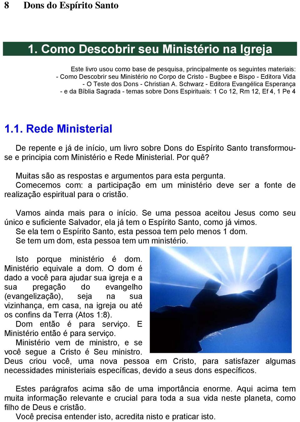 Vida - O Teste dos Dons - Christian A. Schwarz - Editora Evangélica Esperança - e da Bíblia Sagrada - temas sobre Dons Espirituais: 1 