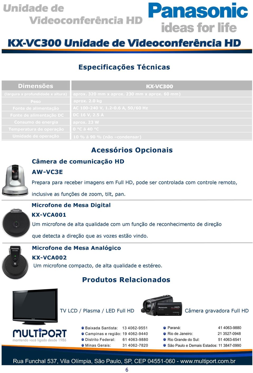 3 W Temperatura de operação 0 C á 40 C Umidade de operação 10 % á 90 % (não condensar) Câmera de comunicação HD AW-VC3E Acessórios Opcionais Prepara para receber imagens em Full HD, pode ser