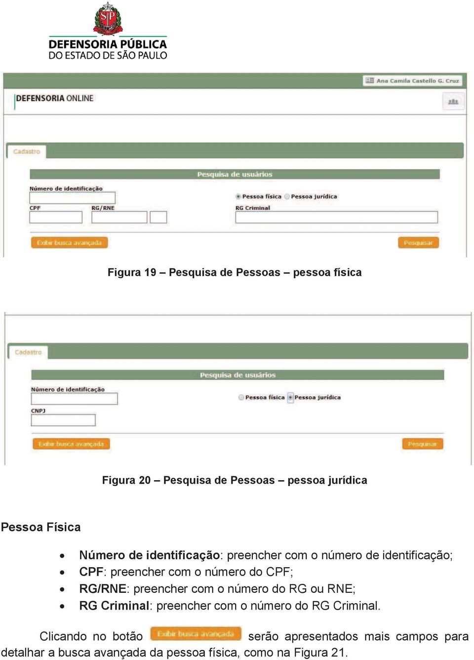 RG/RNE: preencher com o número do RG ou RNE; RG Criminal: preencher com o número do RG Criminal.