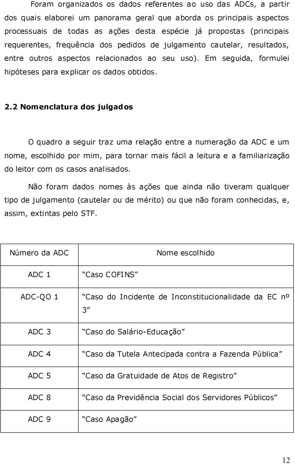 2 Nomenclatura dos julgados O quadro a seguir traz uma relação entre a numeração da ADC e um nome, escolhido por mim, para tornar mais fácil a leitura e a familiarização do leitor com os casos