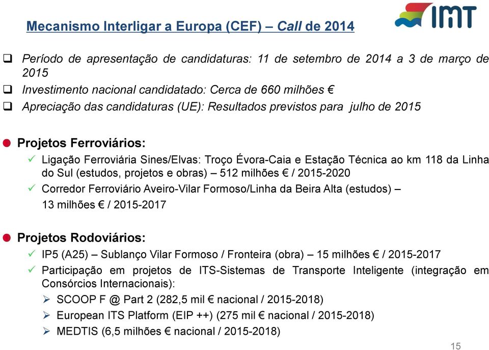 (estudos, projetos e obras) 512 milhões / 2015-2020 Corredor Ferroviário Aveiro-Vilar Formoso/Linha da Beira Alta (estudos) 13 milhões / 2015-2017 Projetos Rodoviários: IP5 (A25) Sublanço Vilar