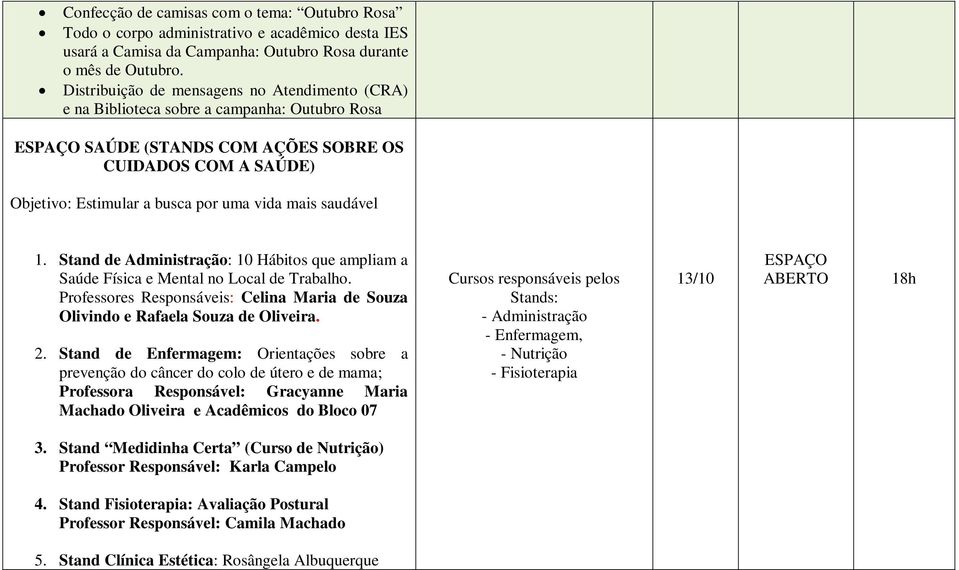 mais saudável 1. Stand de Administração: 10 Hábitos que ampliam a Saúde Física e Mental no Local de Trabalho. Professores Responsáveis: Celina Maria de Souza Olivindo e Rafaela Souza de Oliveira. 2.