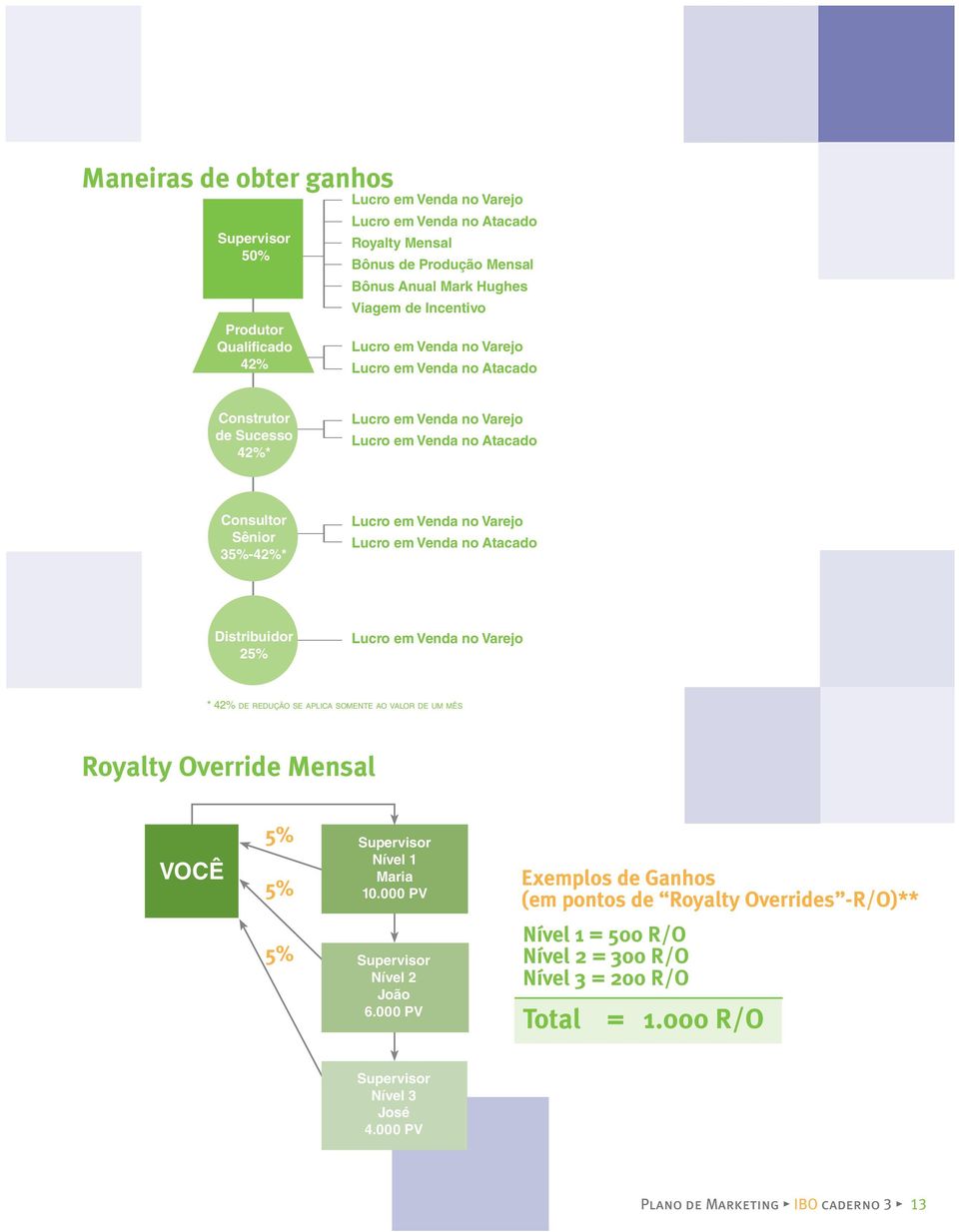 Atacado Distribuidor 25% Lucro em Venda no Varejo * 42% de redução se aplica somente ao valor de um mês Royalty Override Mensal VOCÊ 5% 5% Supervisor Nível 1 Maria 10.