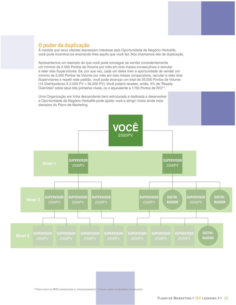 500 Pontos de Volume por mês em dois meses consecutivos e recrutar e reter dois Supervisores. Se, por sua vez, cada um deles tiver a oportunidade de vender um mínimo de 2.