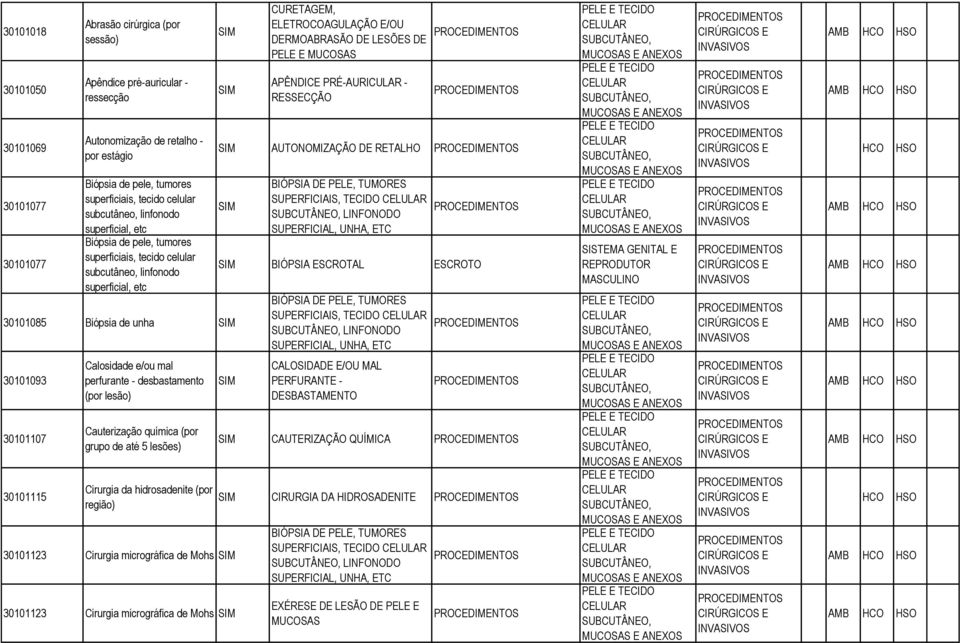 PELE E MUCOSAS APÊNDICE PRÉ-AURICULAR - RESSECÇÃO AUTONOMIZAÇÃO DE RETALHO 30101085 Biópsia de unha 30101093 30101107 30101115 Calosidade e/ou mal perfurante - desbastamento (por lesão) Cauterização