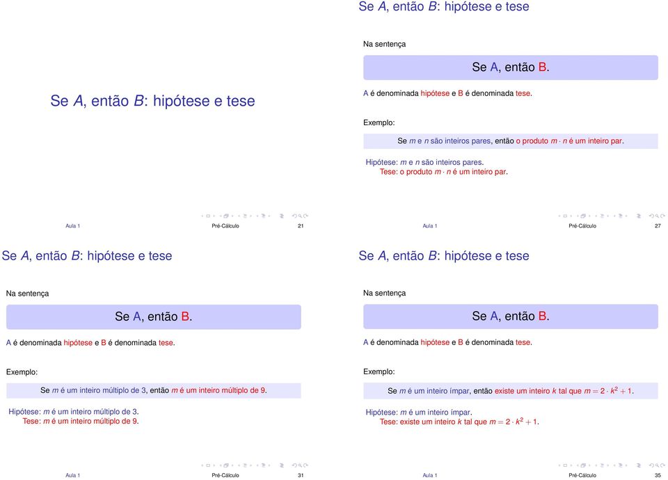 Aula 1 Pré-Cálculo 21 Aula 1 Pré-Cálculo 27 Se A, então B: hipótese e tese Se A, então B: hipótese e tese Na sentença Na sentença A é denominada hipótese e B é denominada tese.