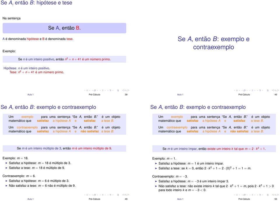 Aula 1 Pré-Cálculo 39 Aula 1 Pré-Cálculo 40 Se A, então B: exemplo e contraexemplo Um exemplo para uma sentença é um objeto matemático que satisfaz a hipótese A e satisfaz a tese B.