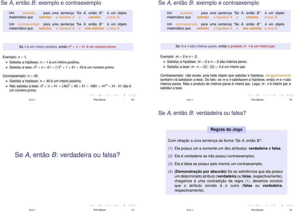 Se n é um inteiro positivo, então n 2 + n + 41 é um número primo. Se m e n são inteiros pares, então o produto m n é um inteiro par. Exemplo: n = 1. Satisfaz a hipótese: n = 1 é um inteiro positivo.