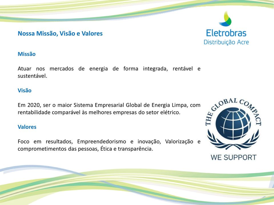 Visão Em 2020, ser o maior Sistema Empresarial Global de Energia Limpa, com rentabilidade