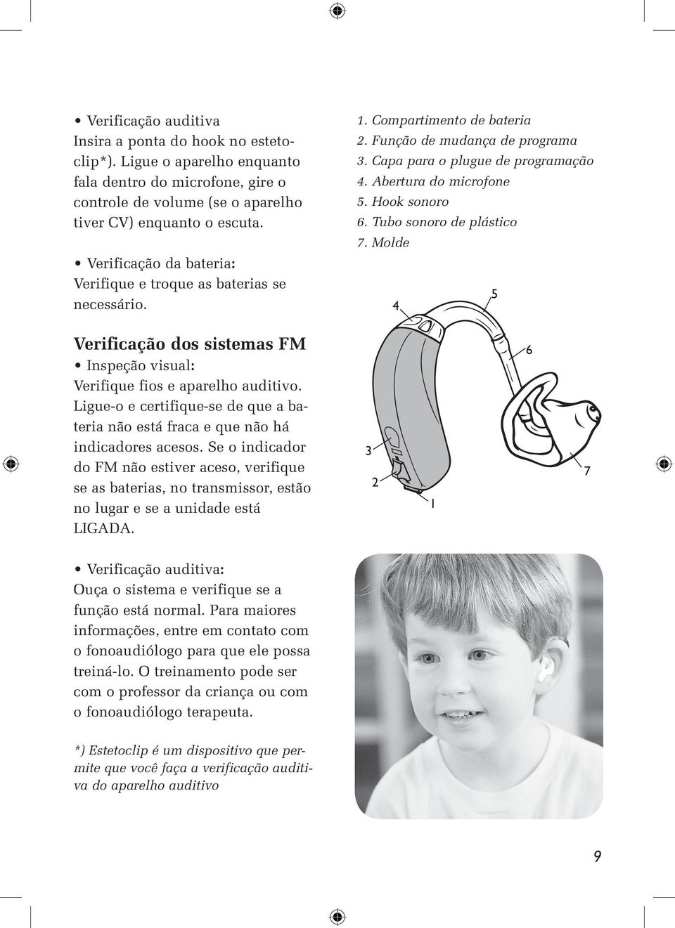 Hook sonoro 6. Tubo sonoro de plástico 7. Molde 5 4 Verificação dos sistemas FM Inspeção visual: Verifique fios e aparelho auditivo.