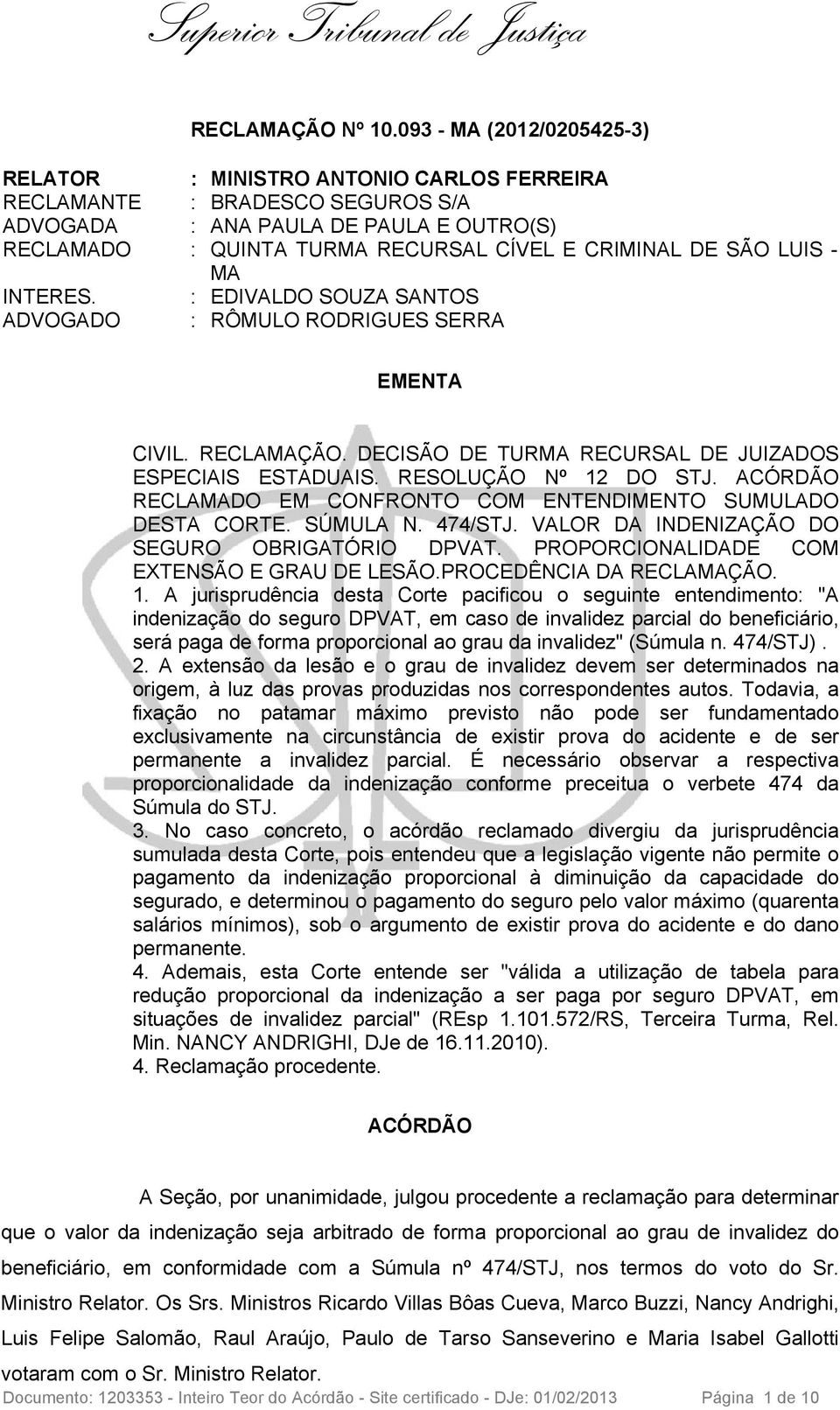 SÃO LUIS - MA INTERES. : EDIVALDO SOUZA SANTOS ADVOGADO : RÔMULO RODRIGUES SERRA EMENTA CIVIL. RECLAMAÇÃO. DECISÃO DE TURMA RECURSAL DE JUIZADOS ESPECIAIS ESTADUAIS. RESOLUÇÃO Nº 12 DO STJ.