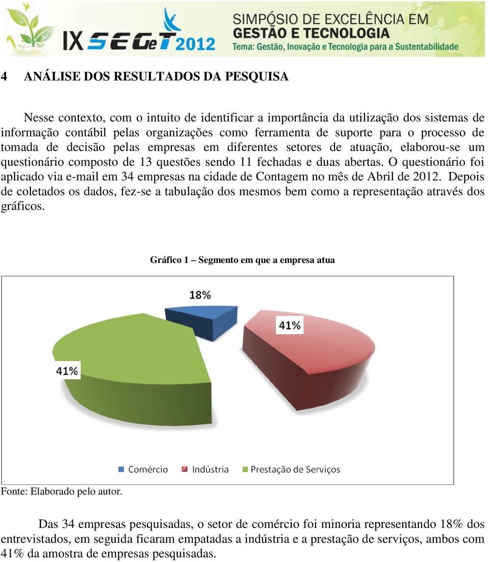 O questionário foi aplicado via e-mail em 34 empresas na cidade de Contagem no mês de Abril de 2012.