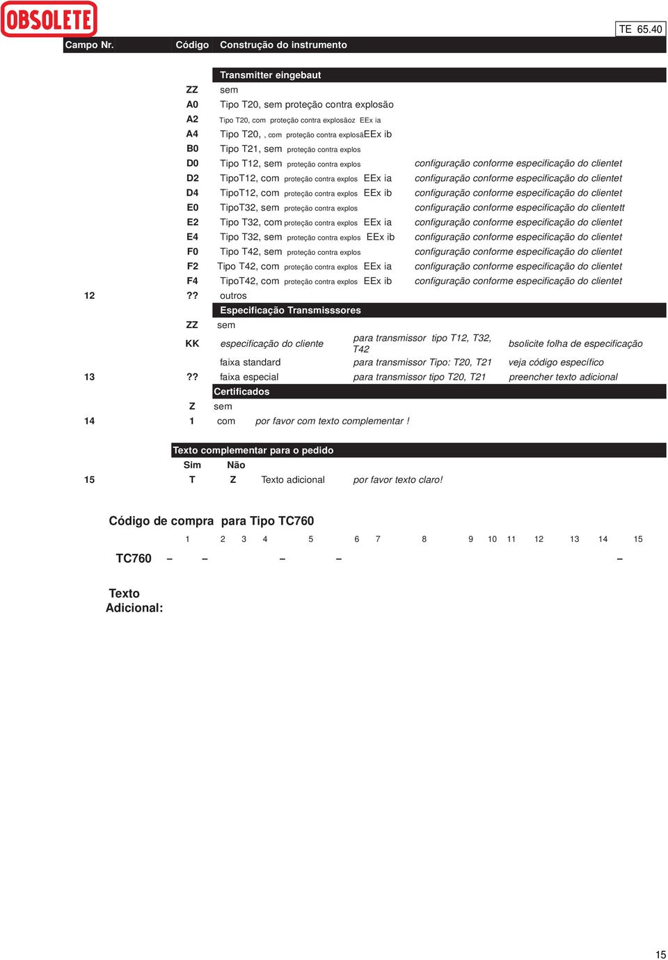 ? outros ZZ KK Especificação Transmisssores especificação do cliente EEx ia EEx ib EEx ia EEx ib EEx ia EEx ib para transmissor T42 para transmissor configuração conforme especificação do clientet