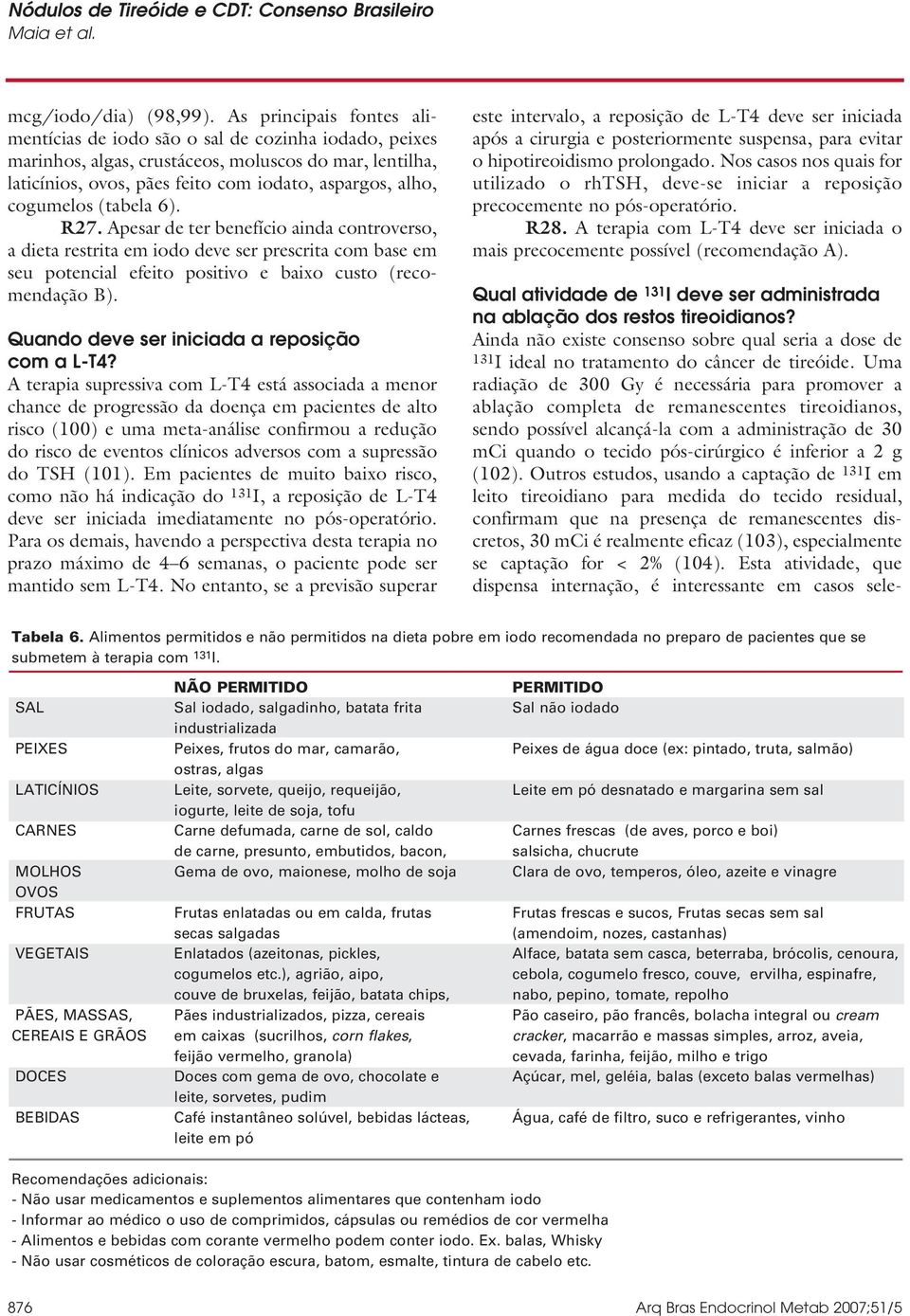 cogumelos (tabela 6). R27. Apesar de ter benefício ainda controverso, a dieta restrita em iodo deve ser prescrita com base em seu potencial efeito positivo e baixo custo (recomendação B).