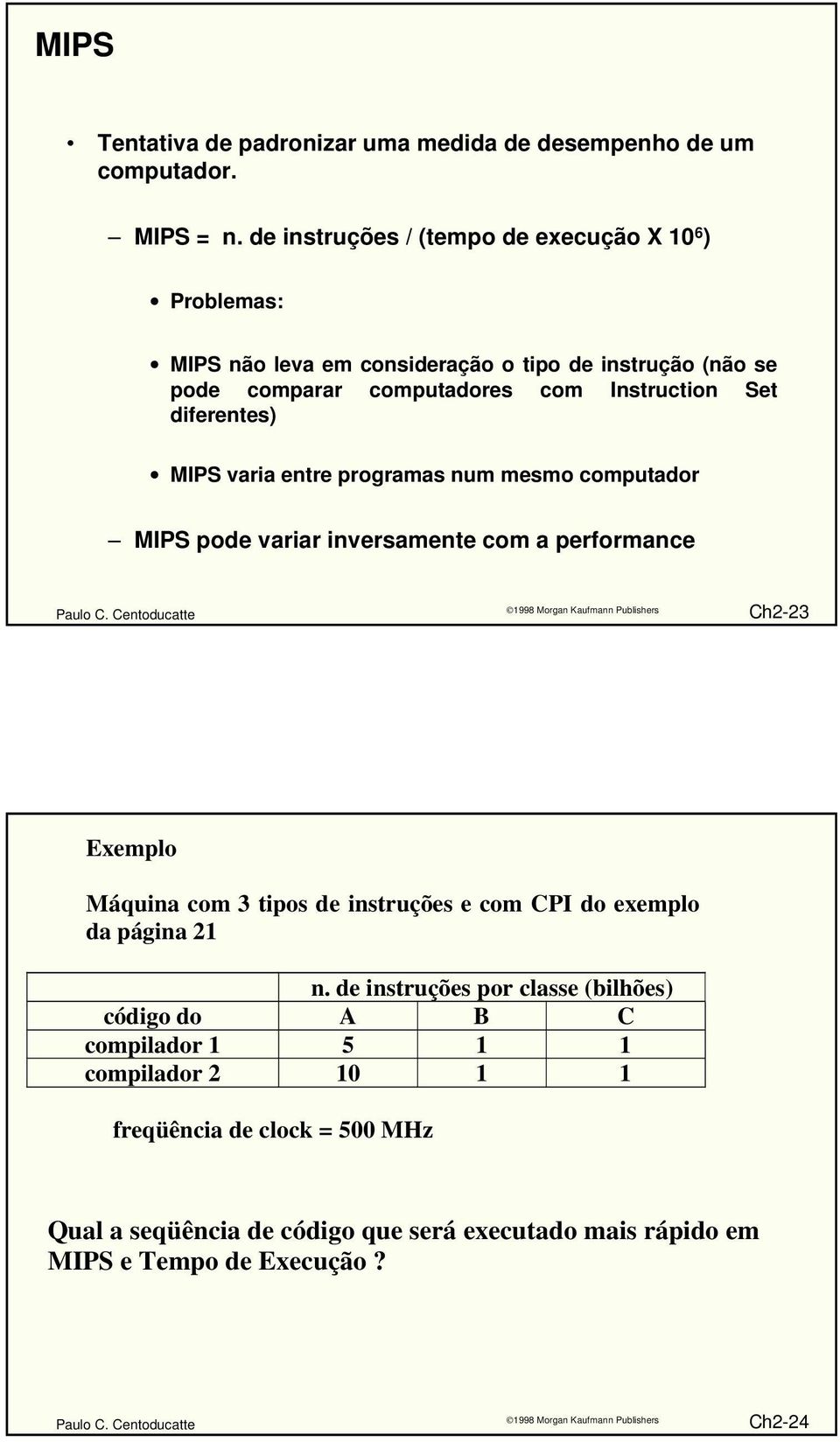 diferentes) MIPS varia entre programas num mesmo computador MIPS pode variar inversamente com a performance Ch2-23 Exemplo Máquina com 3 tipos de instruções e com